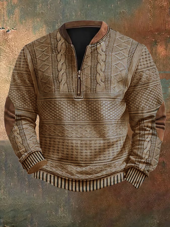Men's sweater with vintage texture and half-zip