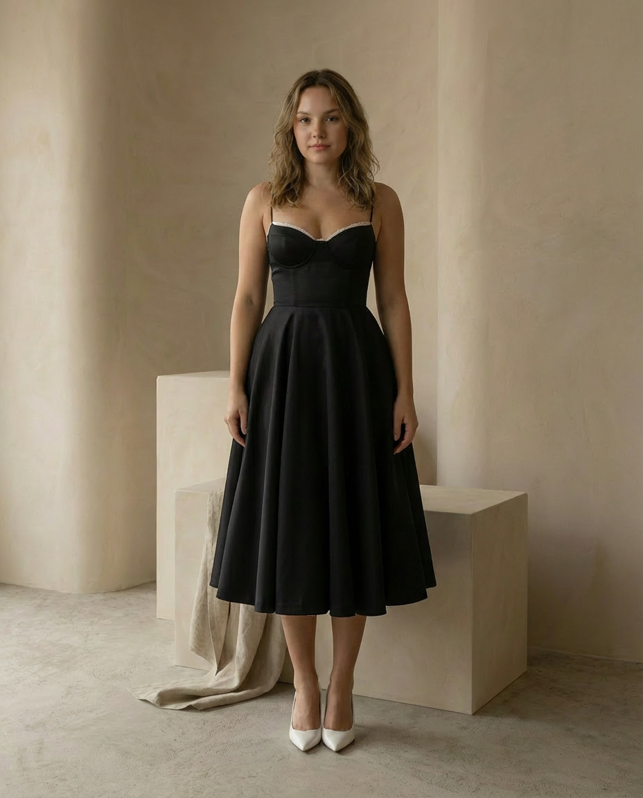 Damen Midikleid Fit and Flare A-Linie V-Ausschnitt Spaghettiträger - Image 2