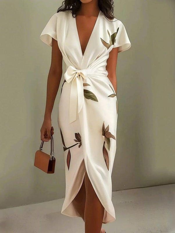 Mireva - Midi Kleid Mit V Ausschnitt Und Blattmuster
