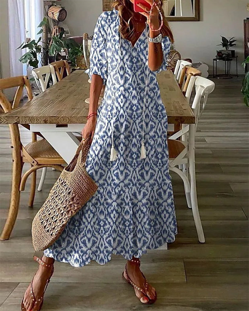 Women Flowy A-Line Geometric Print Lantern Sleeve Summer Dress - Image 9