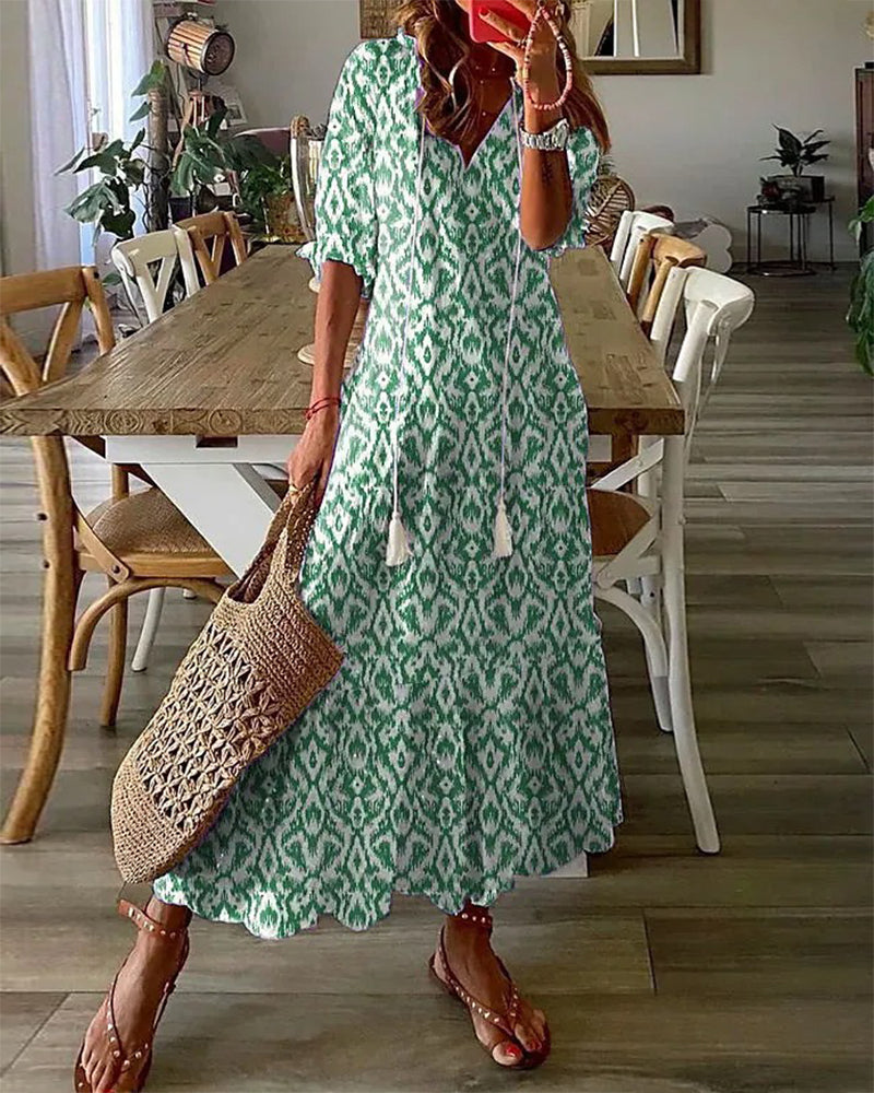 Women Flowy A-Line Geometric Print Lantern Sleeve Summer Dress - Image 2
