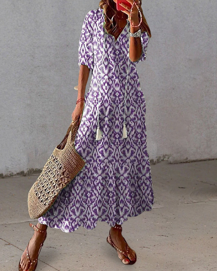 Women Flowy A-Line Geometric Print Lantern Sleeve Summer Dress - Image 3