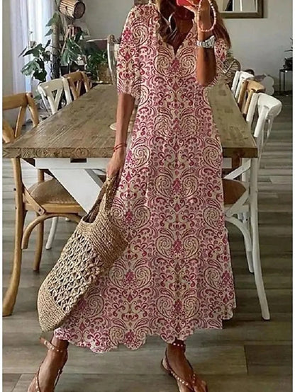 Women Flowy A-Line Geometric Print Lantern Sleeve Summer Dress - Image 4