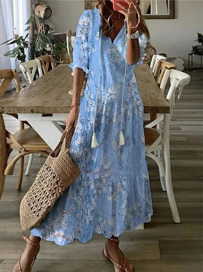 Women Flowy A-Line Geometric Print Lantern Sleeve Summer Dress - Image 13