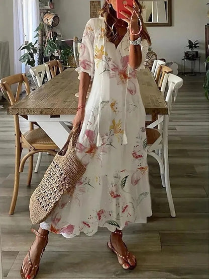 Women Flowy A-Line Geometric Print Lantern Sleeve Summer Dress - Image 16