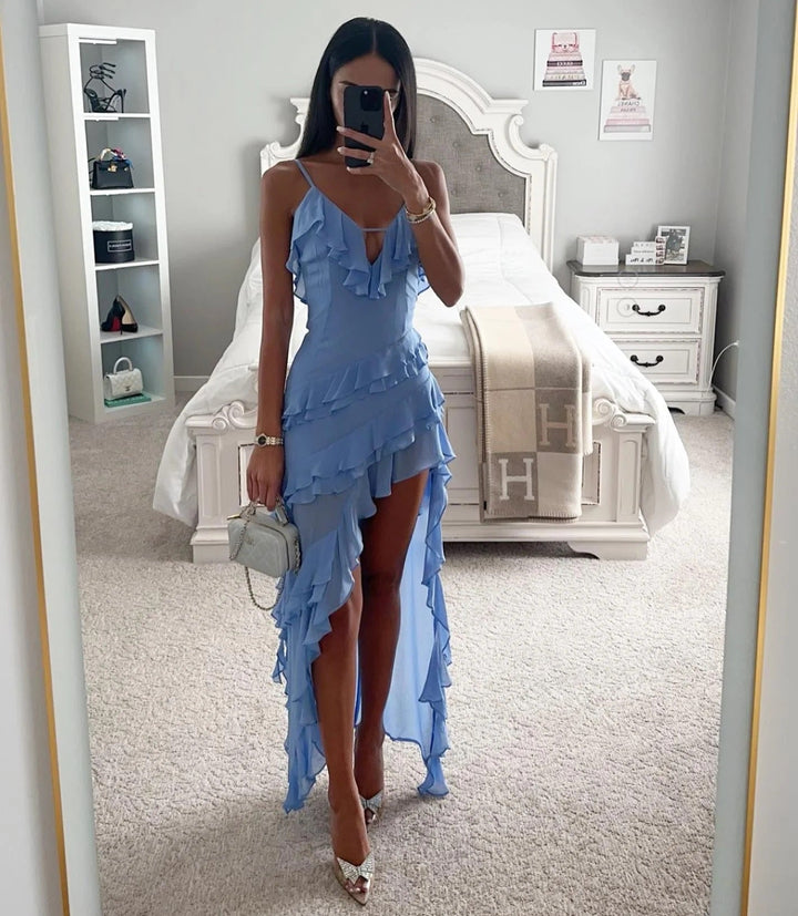 Orlisse – Rüschen Wickel Maxikleid Asymmetrischer Saum