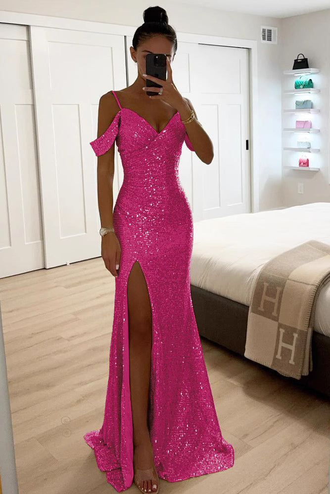 Merrina – Pailletten Off Shoulder Maxikleid Mit Schlitz