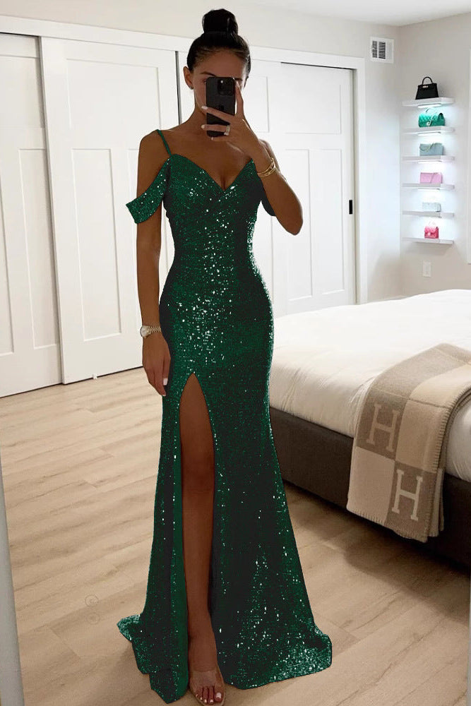 Merrina – Pailletten Off Shoulder Maxikleid Mit Schlitz