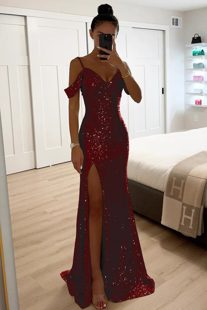 Merrina – Pailletten Off Shoulder Maxikleid Mit Schlitz