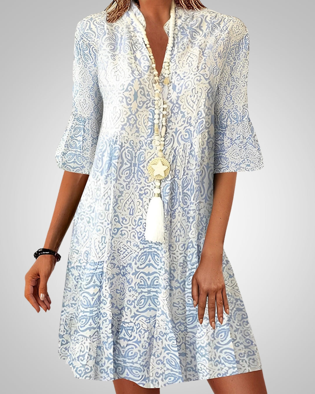 Damen Boho Sommerkleid Gemustert V-Ausschnitt Midikleid