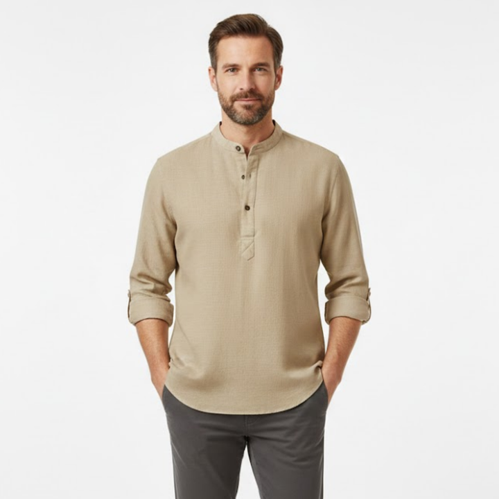 Devin - Herren Leinen Baumwolle Henley Langarmshirt