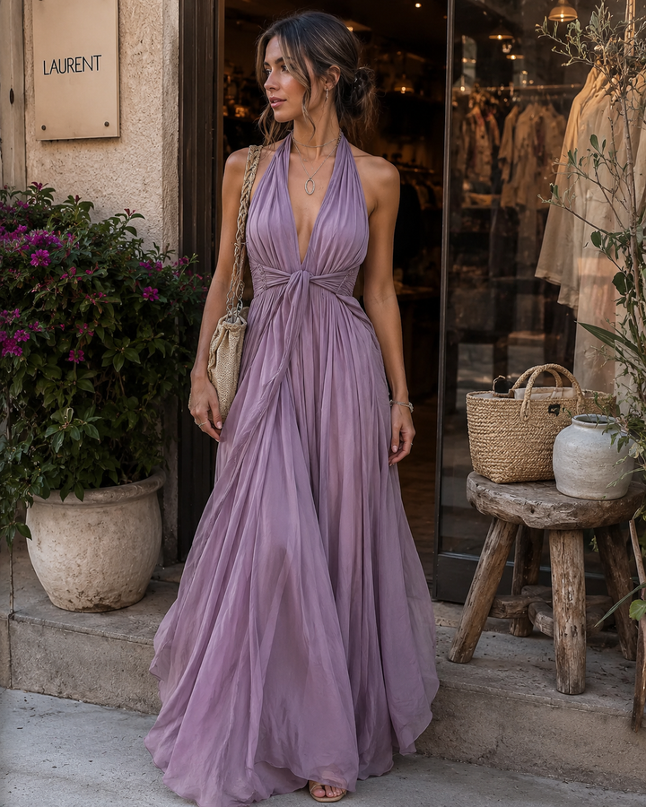 Damen fließendes Neckholder Maxikleid geraffte Taille - Image 7