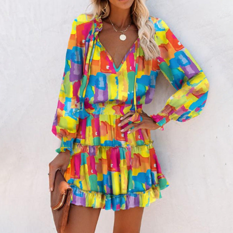 Emivara - Damen V-Ausschnitt Rüschen Mini Kleid