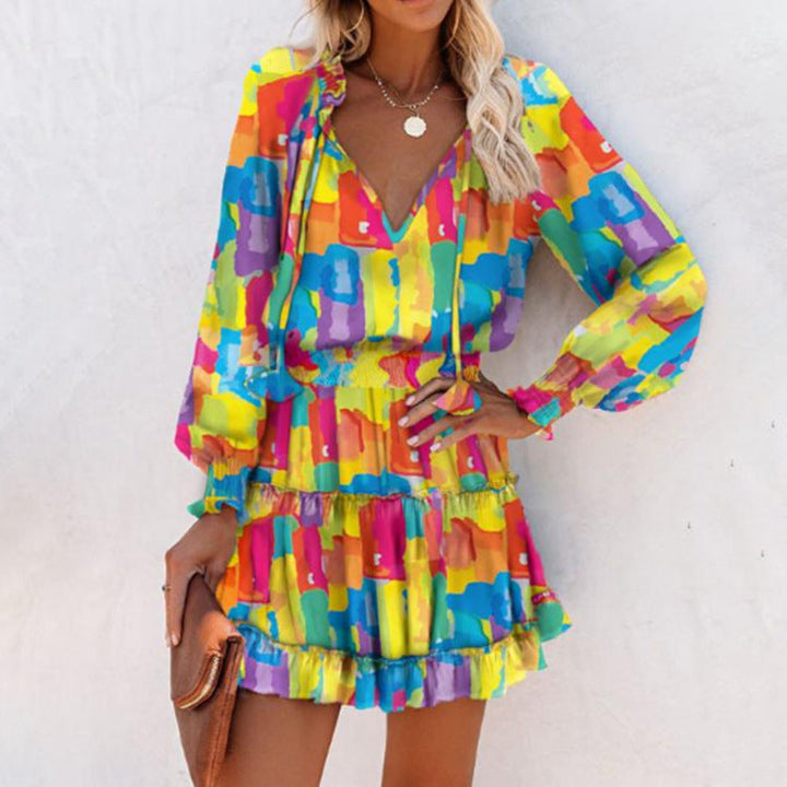 Emivara - Damen V-Ausschnitt Rüschen Mini Kleid