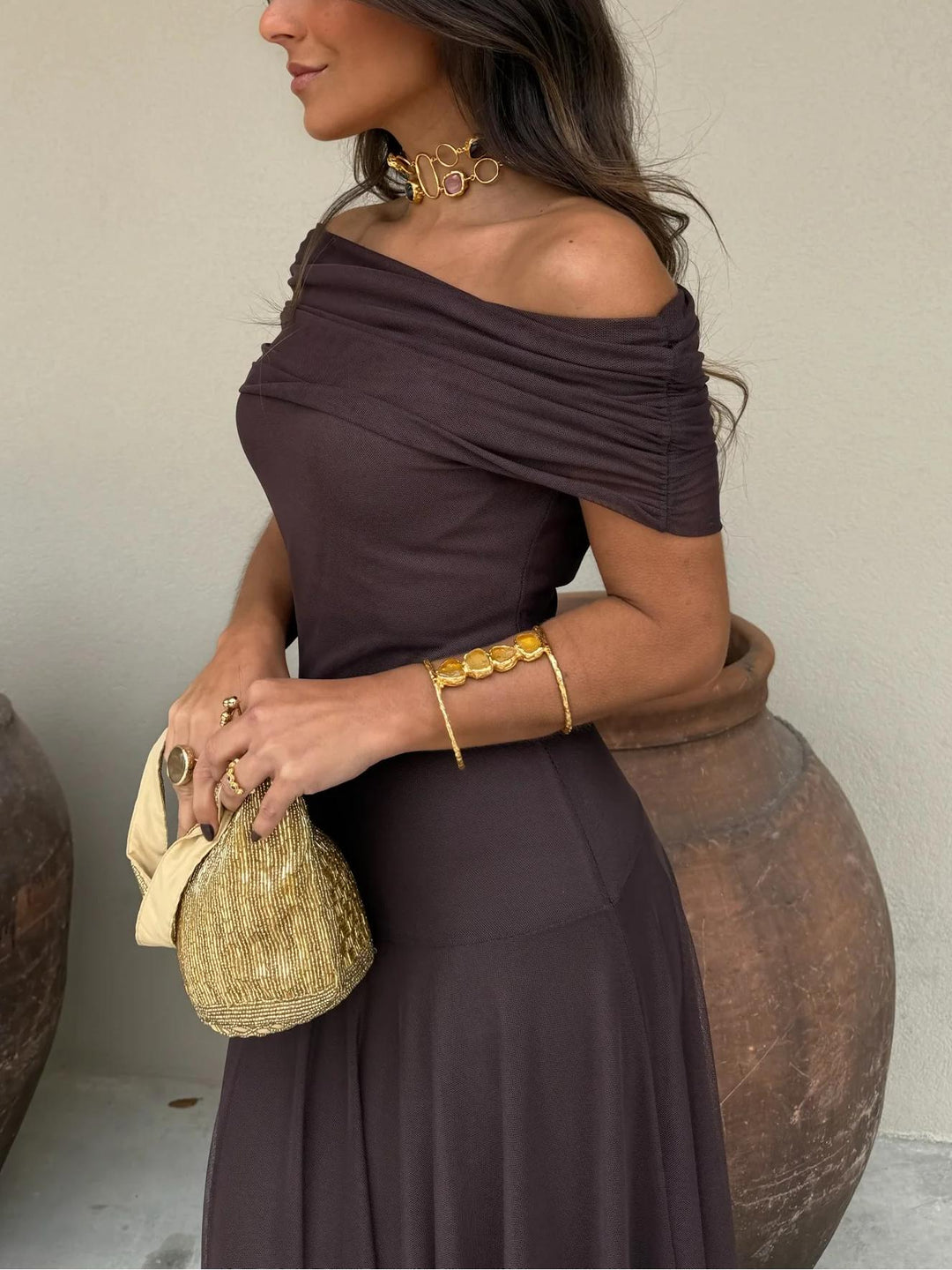 Vicenza - Schulterfrei Chiffon Maxikleid Elegant