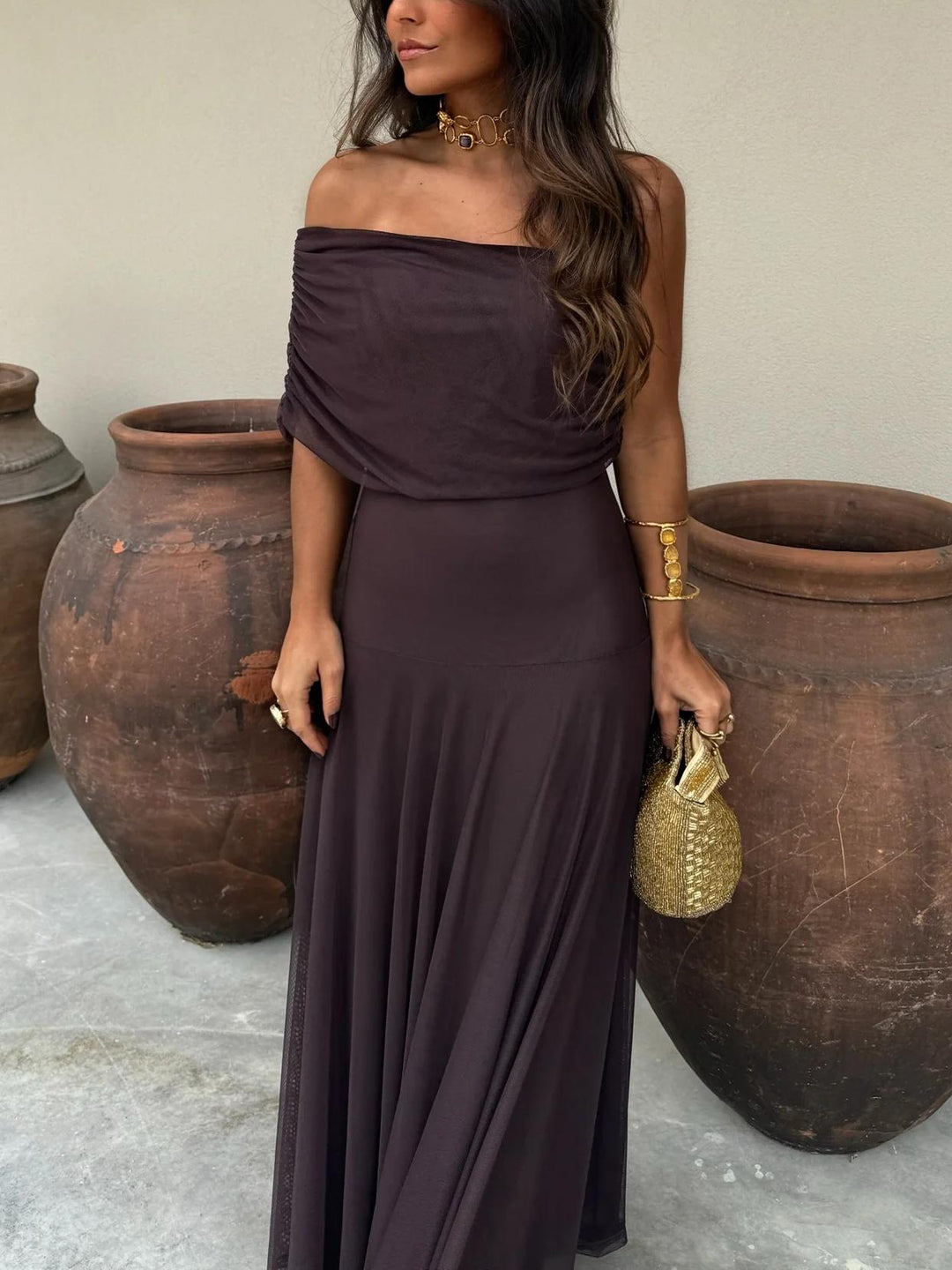Vicenza - Schulterfrei Chiffon Maxikleid Elegant
