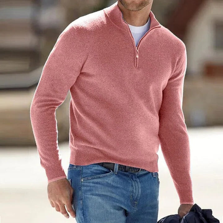 Herren Strickpullover mit kurzem Reißverschluss und Stehkragen