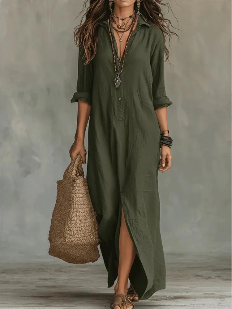 Damen Leinen Maxikleid mit Kragen - Image 6