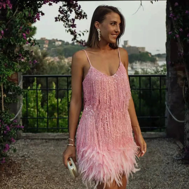 Faylise - Damen Cocktailkleid Mit Fransen Federn