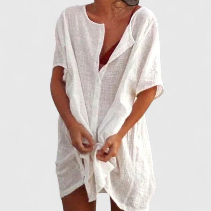 Damen Tunika Midikleid Lockeres Sommerkleid V-Ausschnitt Kurzarm