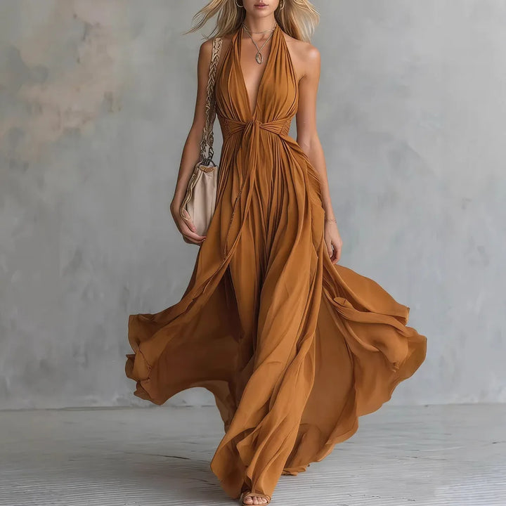 Damen fließendes Neckholder Maxikleid geraffte Taille - Image 5