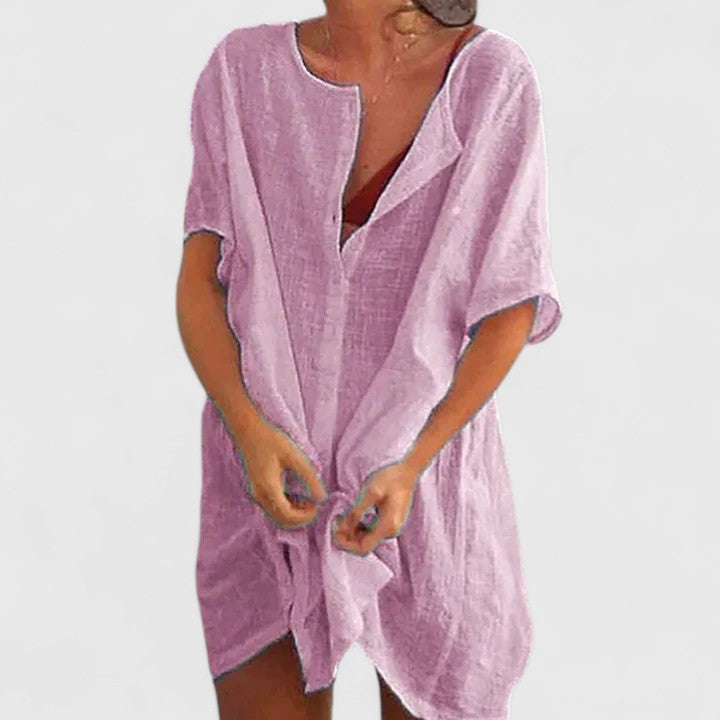 Damen Tunika Midikleid Lockeres Sommerkleid V-Ausschnitt Kurzarm - Image 2