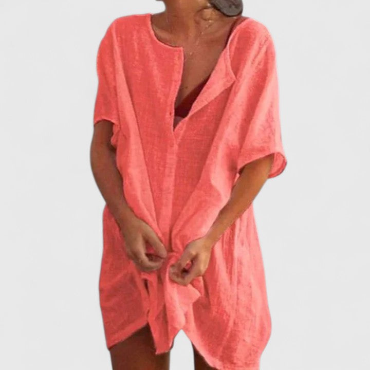 Damen Tunika Midikleid Lockeres Sommerkleid V-Ausschnitt Kurzarm - Image 4