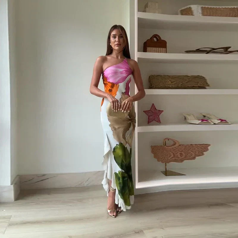 Women Floral One Shoulder Maxi Dress Evening Party
