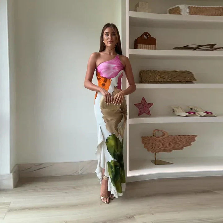 Women Floral One Shoulder Maxi Dress Evening Party