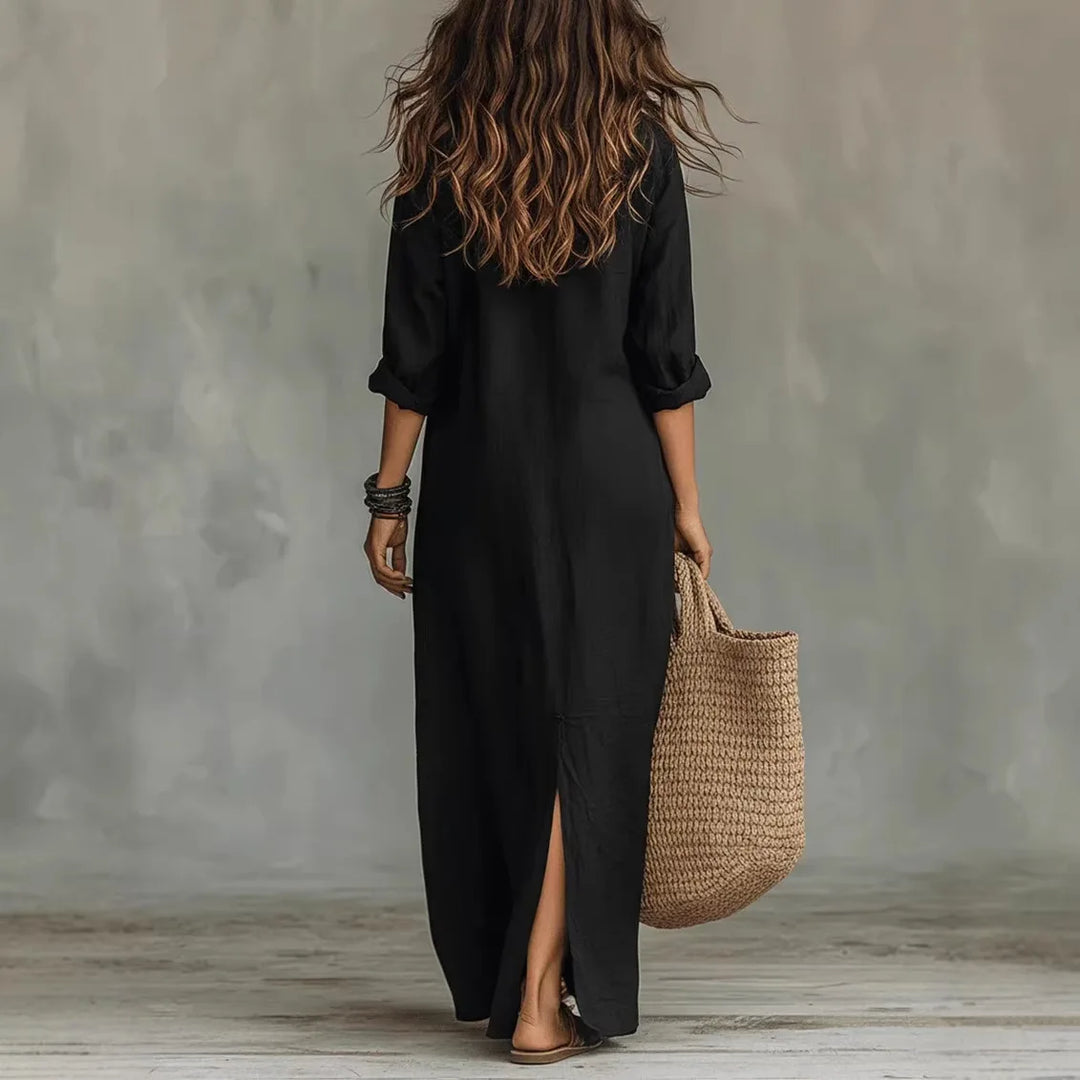 Damen Leinen Maxikleid mit Kragen - Image 3