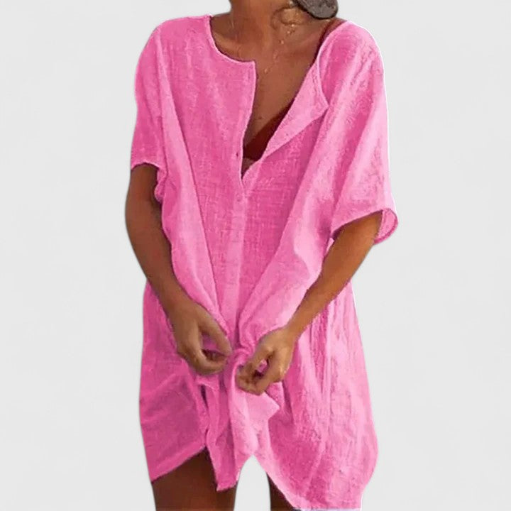 Damen Tunika Midikleid Lockeres Sommerkleid V-Ausschnitt Kurzarm - Image 5