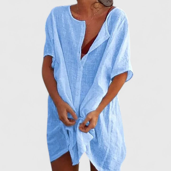Damen Tunika Midikleid Lockeres Sommerkleid V-Ausschnitt Kurzarm - Image 3