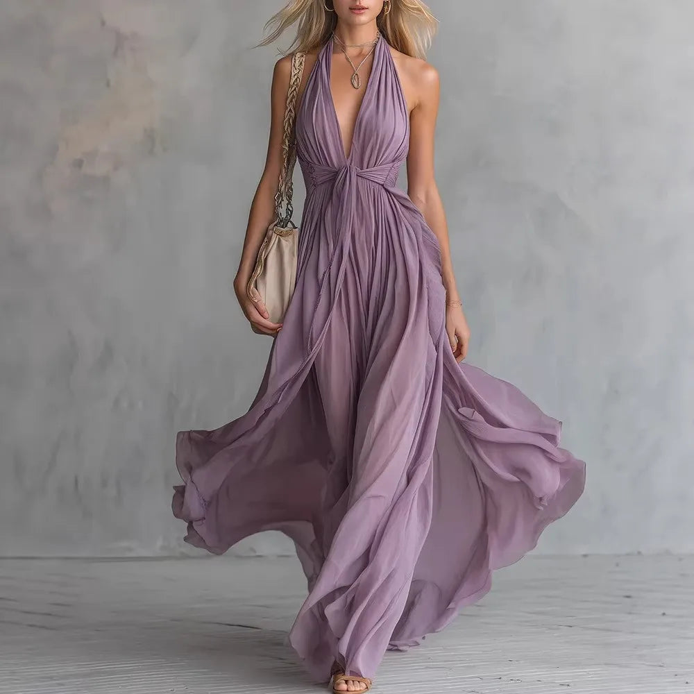 Damen fließendes Neckholder Maxikleid geraffte Taille