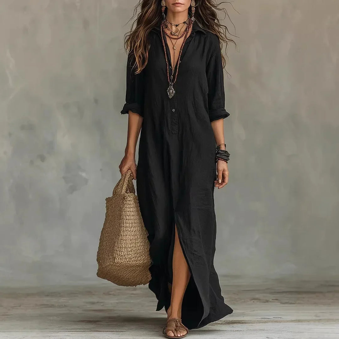 Damen Leinen Maxikleid mit Kragen - Image 2