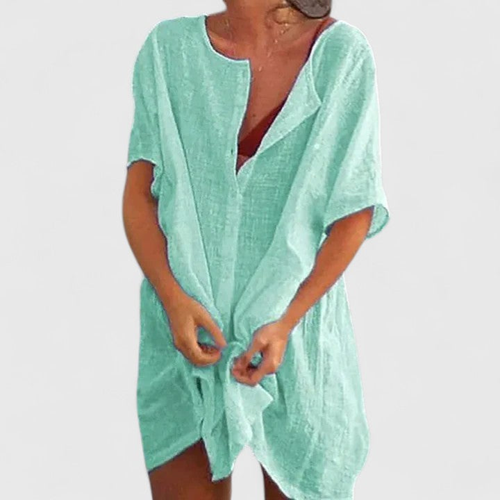 Damen Tunika Midikleid Lockeres Sommerkleid V-Ausschnitt Kurzarm - Image 6