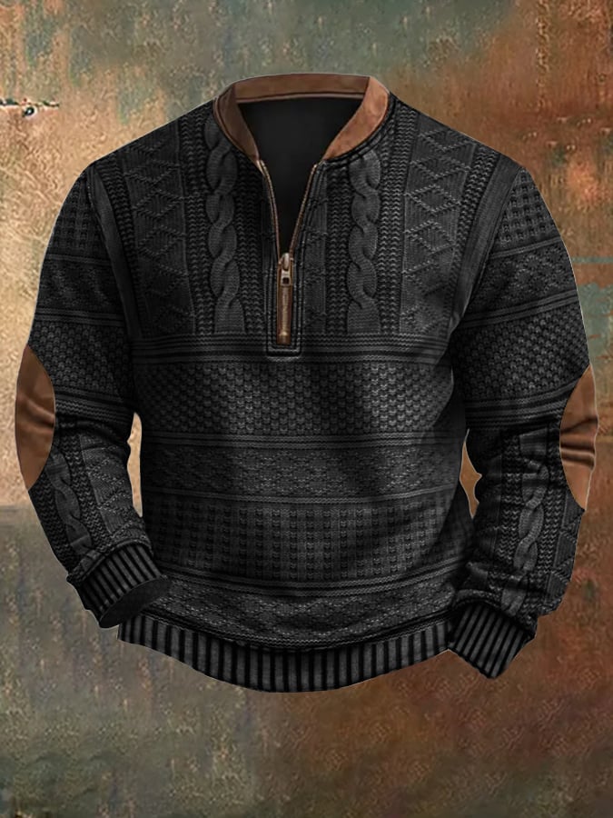 Men's sweater with vintage texture and half-zip