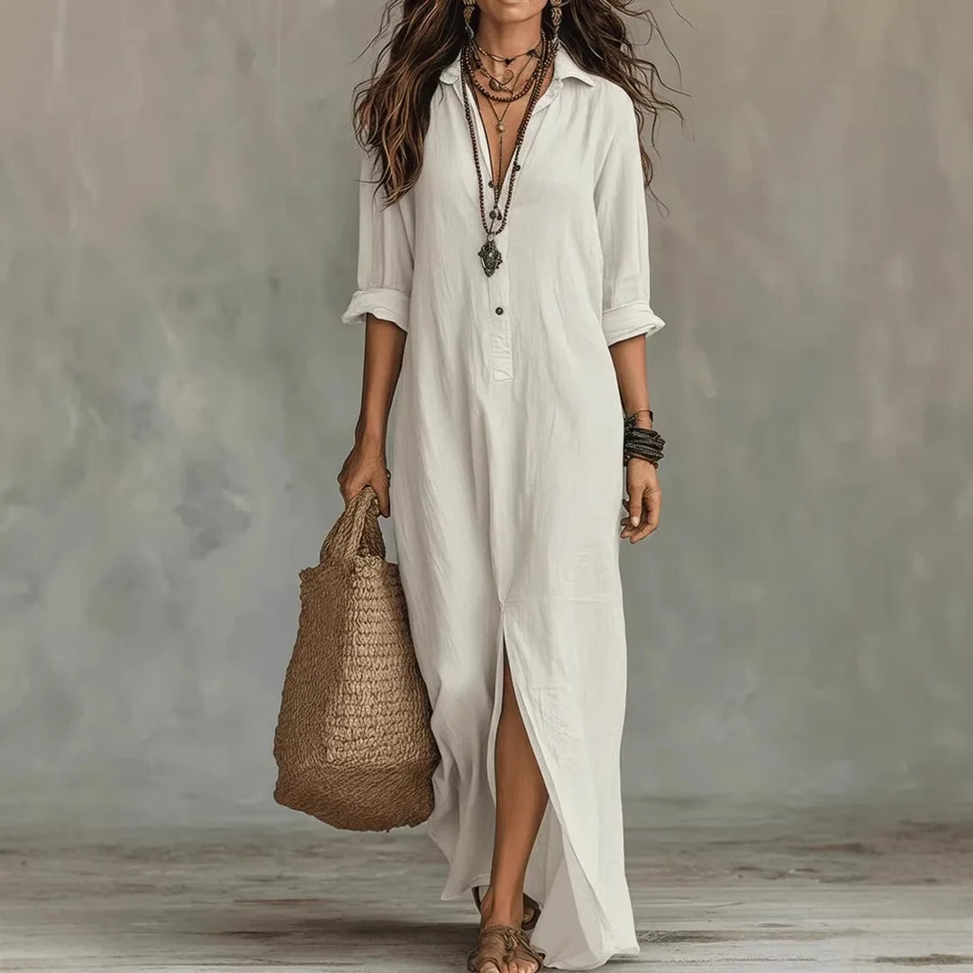 Damen Leinen Maxikleid mit Kragen