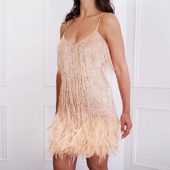 Faylise - Damen Cocktailkleid Mit Fransen Federn