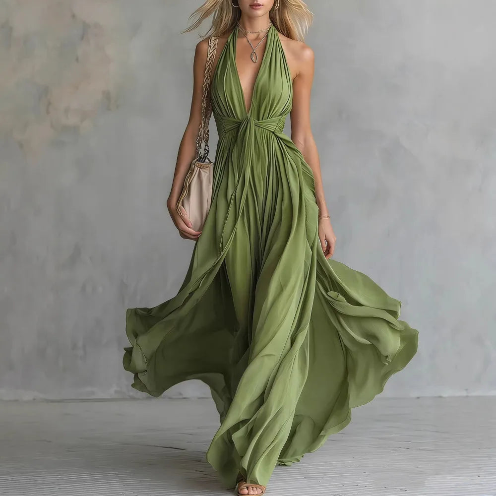 Damen fließendes Neckholder Maxikleid geraffte Taille - Image 4