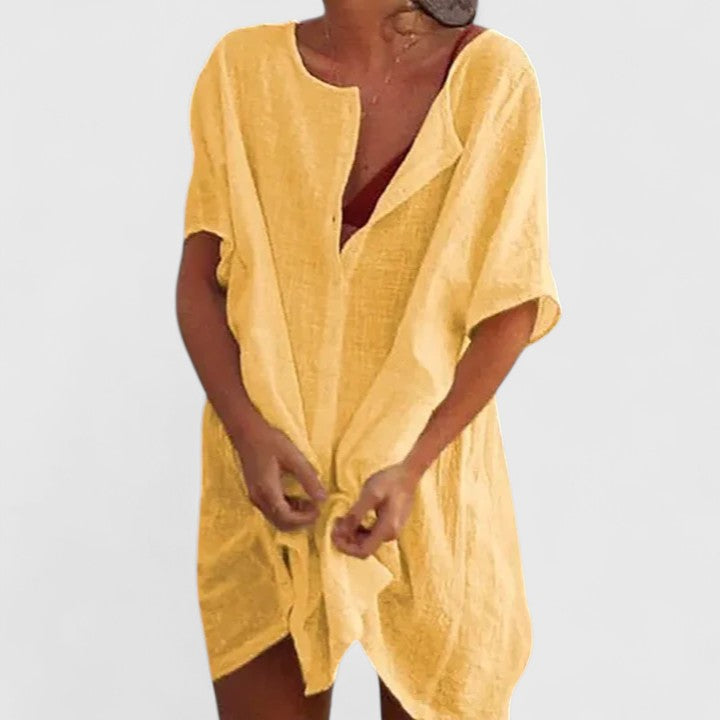 Damen Tunika Midikleid Lockeres Sommerkleid V-Ausschnitt Kurzarm - Image 7