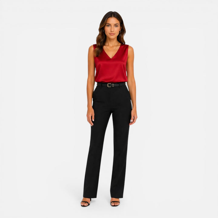 Verna - Damen Satin Bluse Ärmellos V Ausschnitt Elegant