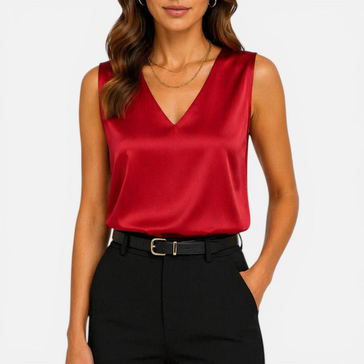 Verna - Damen Satin Bluse Ärmellos V Ausschnitt Elegant