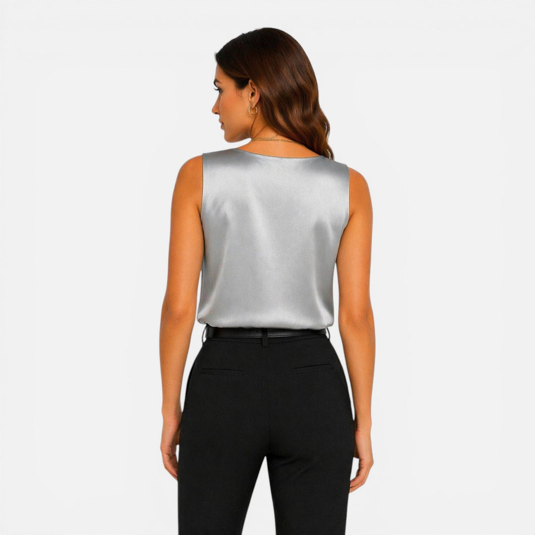 Verna - Damen Satin Bluse Ärmellos V Ausschnitt Elegant
