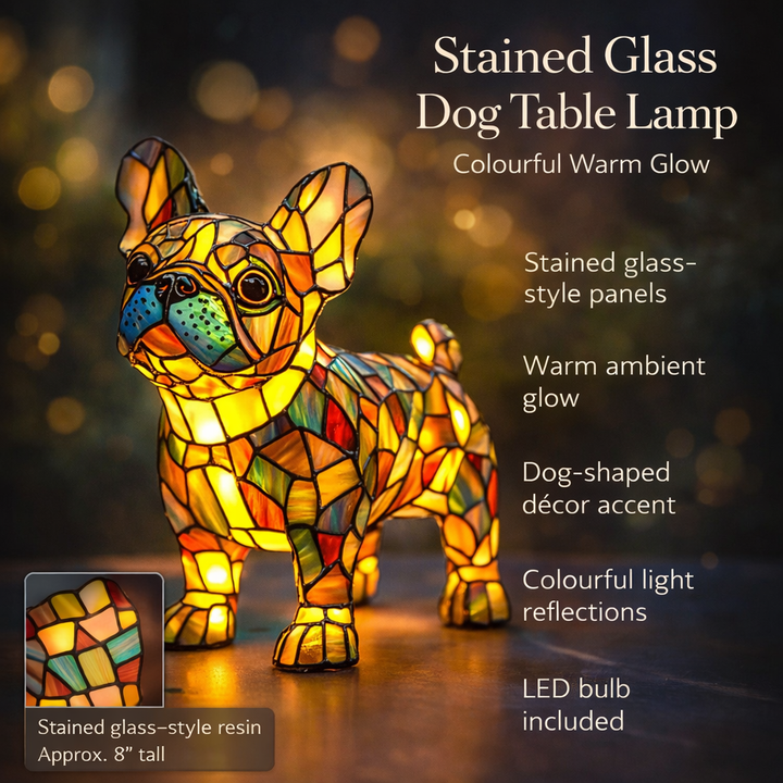 Lumipaws – Buntglas-Tischlampe in Hundeform