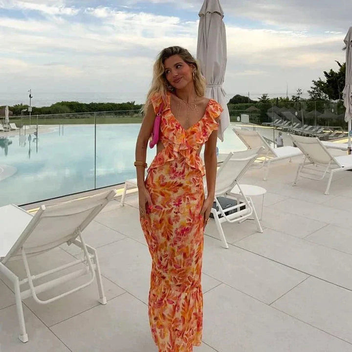 Vicelara - Sommer Maxi Kleid Mit Volants Blumenmuster