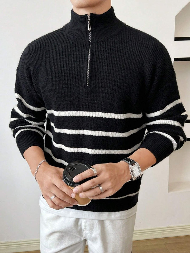 Herren Pullover mit halbem Reißverschluss – Troyer gestreift mit Stehkragen für jeden Anlass