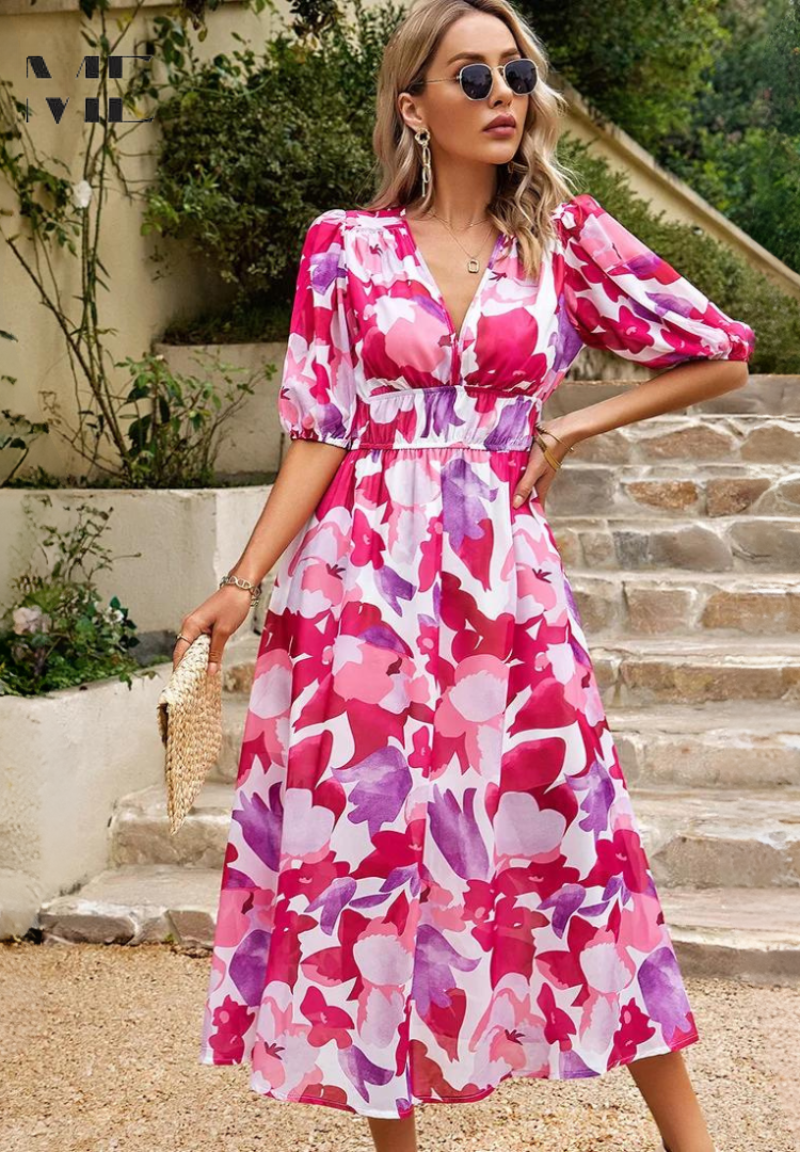 Roxanne | Elegant Floral Midi Dress with Puff Sleeves - Image 14