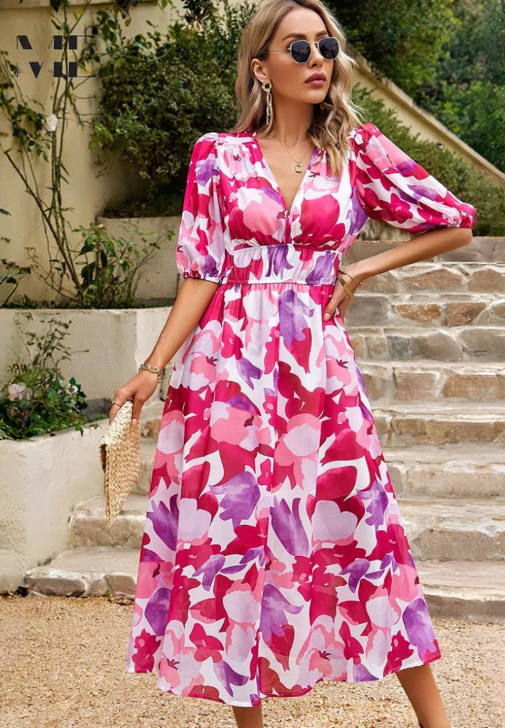 Roxanne | Elegant Floral Midi Dress with Puff Sleeves - Image 14