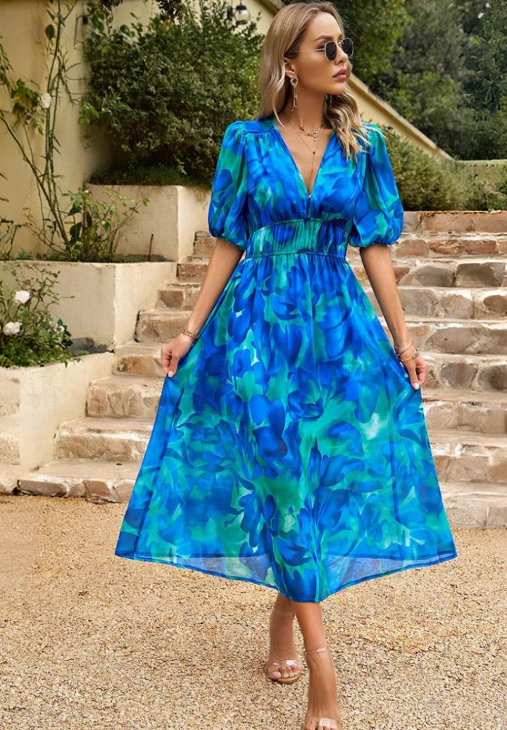 Roxanne | Elegant Floral Midi Dress with Puff Sleeves - Image 3