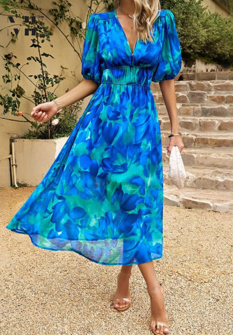 Roxanne | Elegant Floral Midi Dress with Puff Sleeves - Image 6